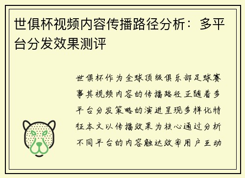 世俱杯视频内容传播路径分析：多平台分发效果测评