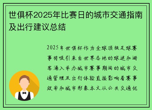 世俱杯2025年比赛日的城市交通指南及出行建议总结
